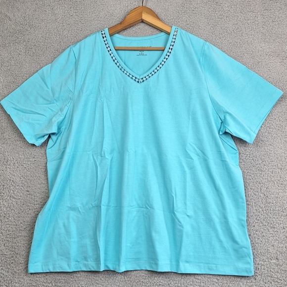 Catherines Tops - Catherines Top Womens Petite 1X Blue Stretch Pullover‎ Short Sleeve Cutwork Trim